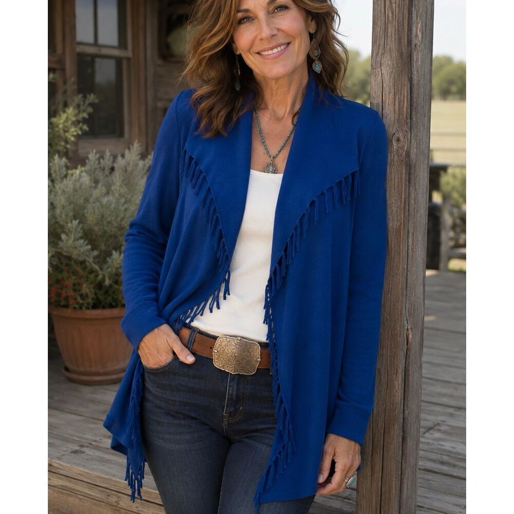 Chicos Royal Blue Open Front Cardigan Tassel Detail Women’s 3 16/18